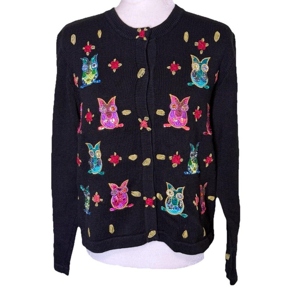 Jack B Quick Women’s Whimsical Owl Sweater Sequin Embroidered Cardigan Artsy Med